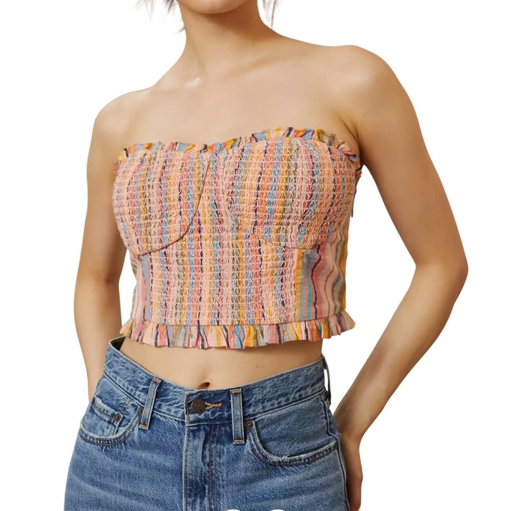 Pilcro Striped Smocked Bustier Top Womens Large Multicolor Boho Shimmer